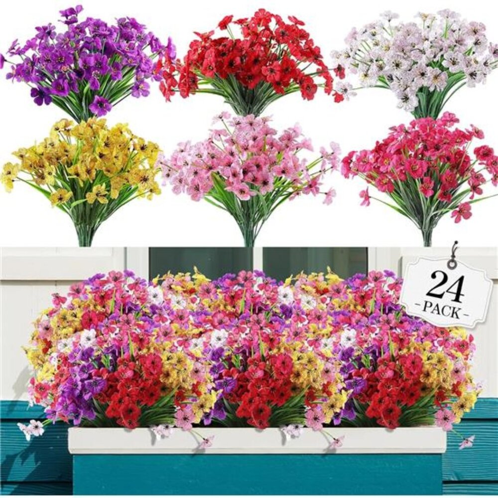 24 Bundles Artificial Flowers for Outdoor,No Fade Fake Plastic Flowers